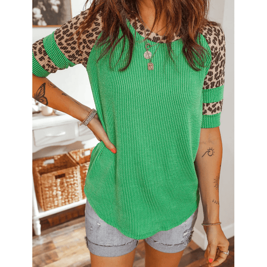 Brendi Green Corded Rib Leopard Color Block Patchwork Tunic Tee