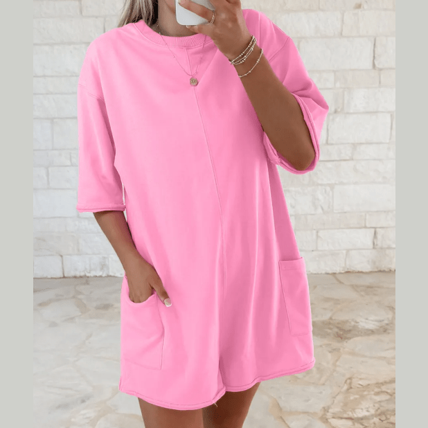 Gessi Pink Raw Edge Half Sleeve Pocketed Loose Romper
