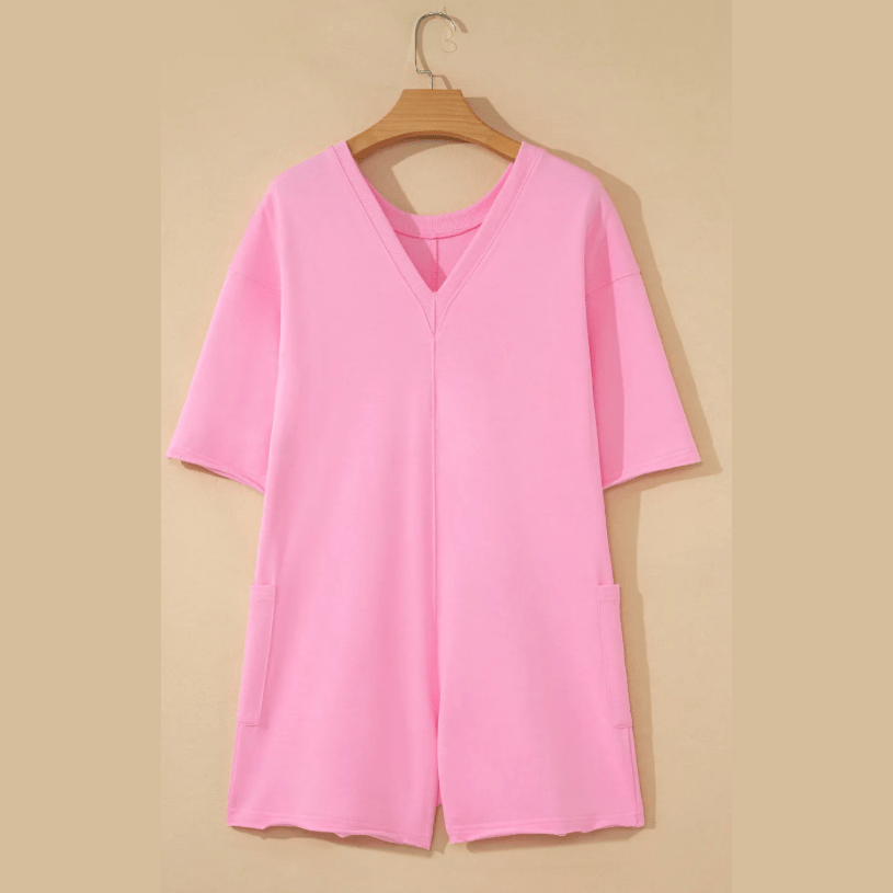 Gessi Pink Raw Edge Half Sleeve Pocketed Loose Romper