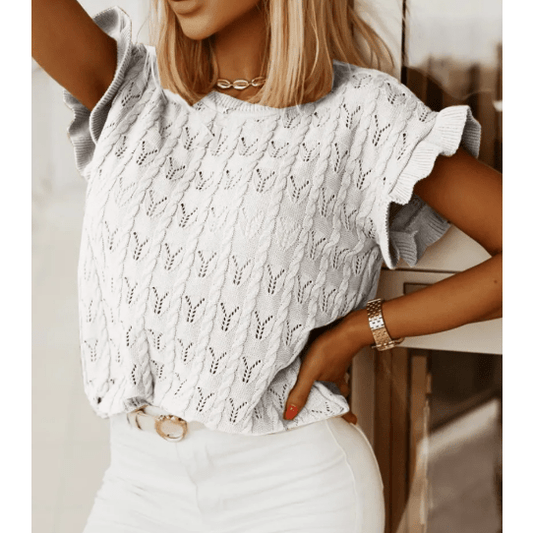 Dayana White Ruffle Short Sleeves Cable Knit Textured Top