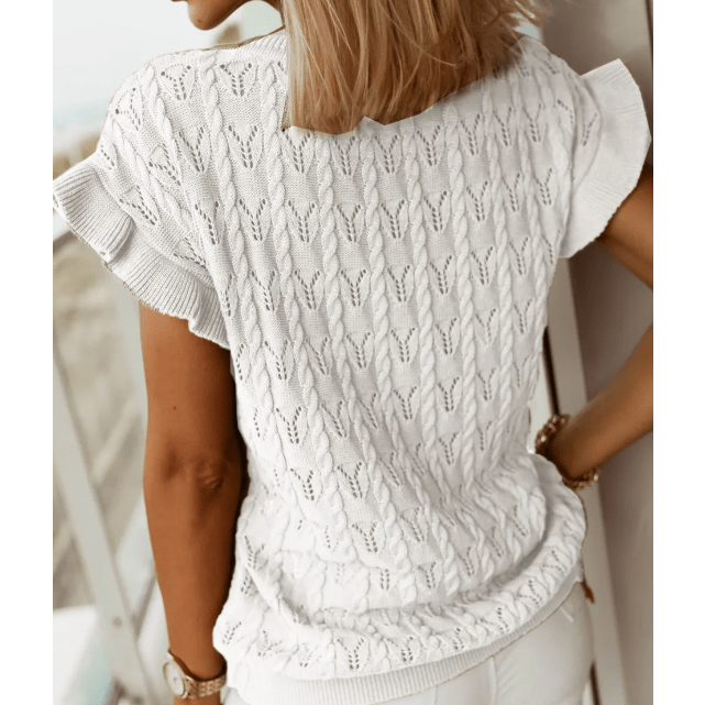 Dayana White Ruffle Short Sleeves Cable Knit Textured Top