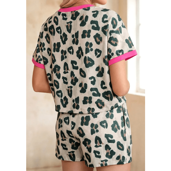 Liz Leopard Print Contrast Trim Top Loose 2pcs Short Set