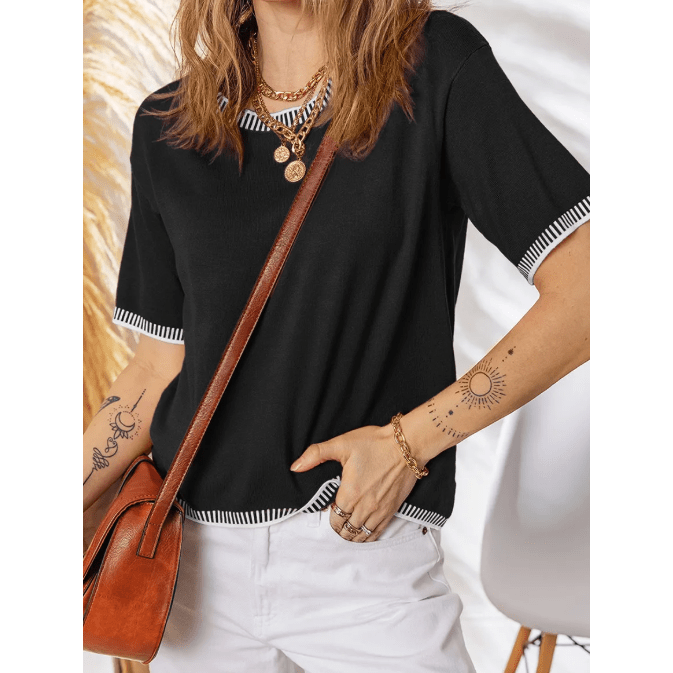 Roxi Black Contrast Striped Trim Round Neck Half Sleeve Sweater