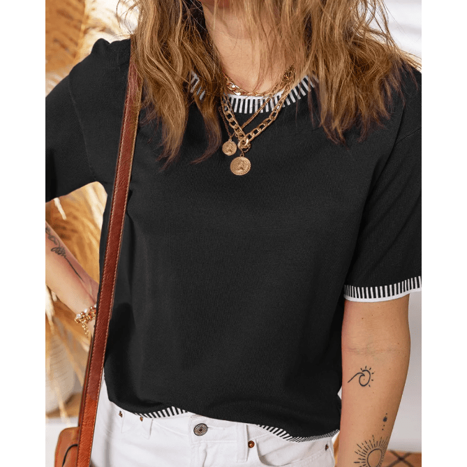 Roxi Black Contrast Striped Trim Round Neck Half Sleeve Sweater