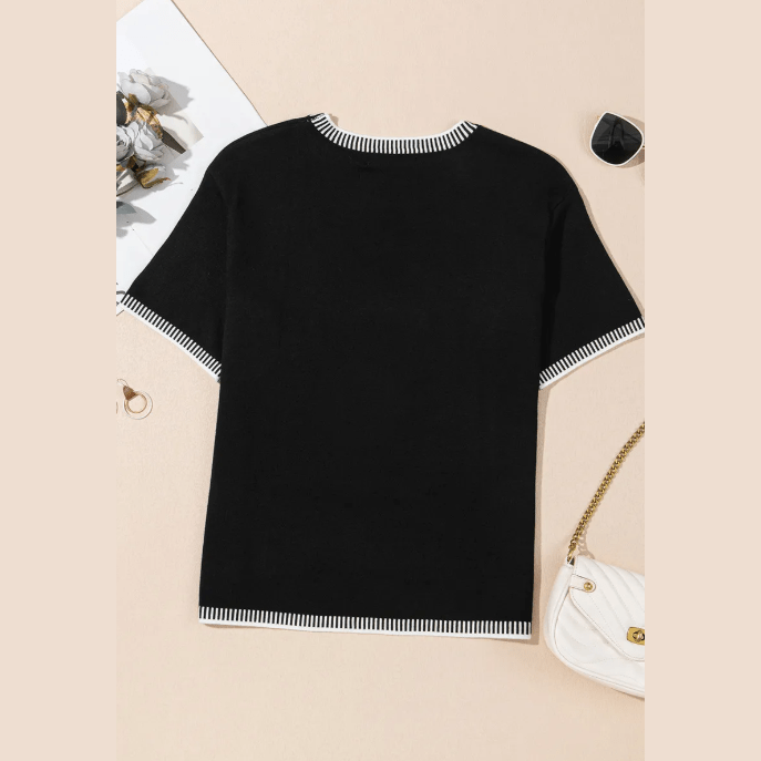 Roxi Black Contrast Striped Trim Round Neck Half Sleeve Sweater