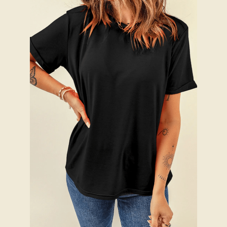 Valeria Black Casual Plain Crew Neck Tee