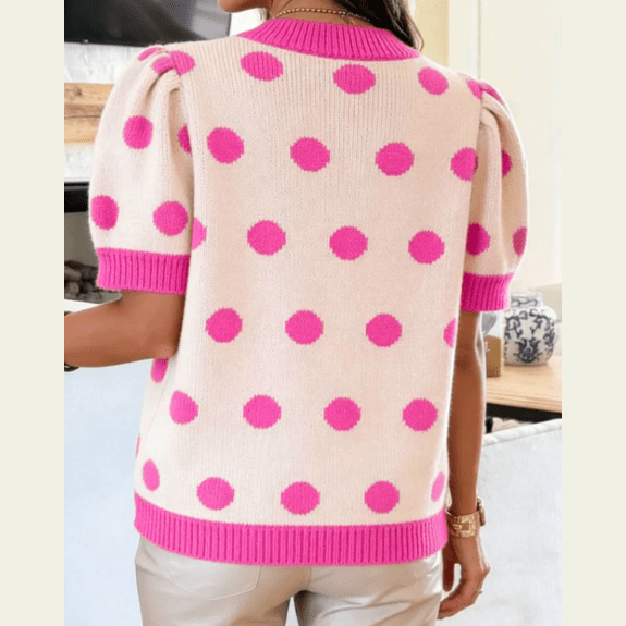 Lauri Hot Pink Polka Dot Puff Short Sleeve Sweater