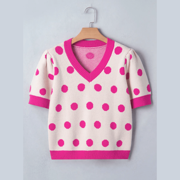 Lauri Hot Pink Polka Dot Puff Short Sleeve Sweater