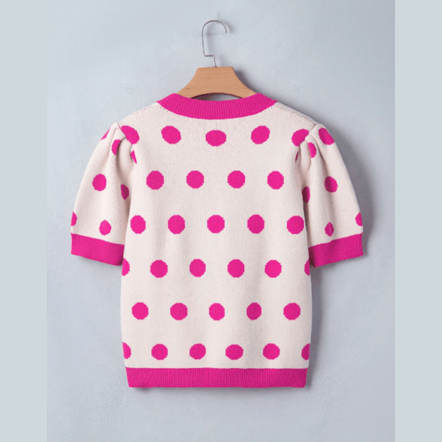 Lauri Hot Pink Polka Dot Puff Short Sleeve Sweater