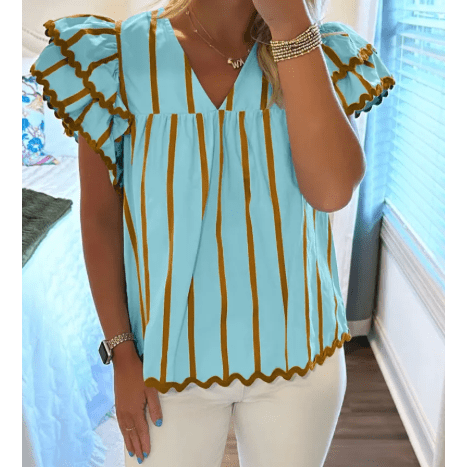 RTS Carsten Sky Blue Stripe Ricrac Trim Double Ruffled Short Sleeve V Neck Blouse