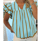 RTS Carsten Sky Blue Stripe Ricrac Trim Double Ruffled Short Sleeve V Neck Blouse