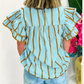 RTS Carsten Sky Blue Stripe Ricrac Trim Double Ruffled Short Sleeve V Neck Blouse