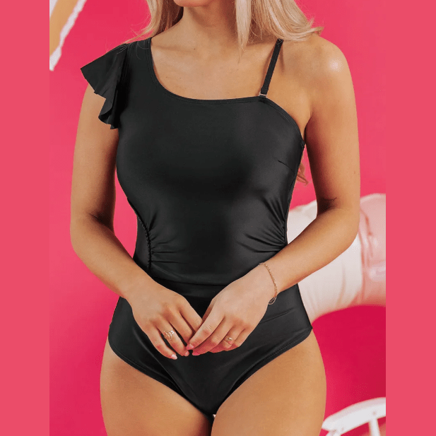 Erin Black Asymmetric Ruffle Shoulder Pleated One Piece Swimsuit