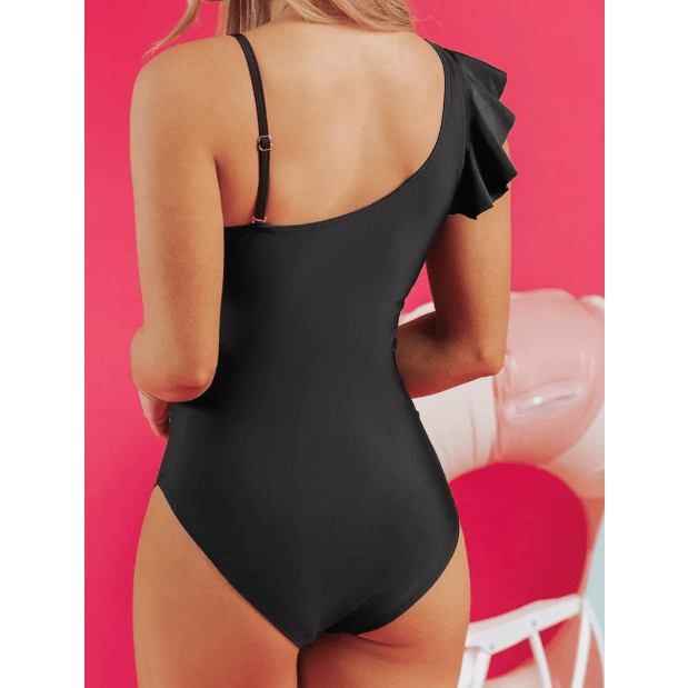 Erin Black Asymmetric Ruffle Shoulder Pleated One Piece Swimsuit