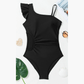 Erin Black Asymmetric Ruffle Shoulder Pleated One Piece Swimsuit