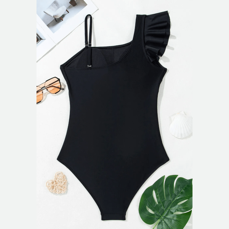 Erin Black Asymmetric Ruffle Shoulder Pleated One Piece Swimsuit