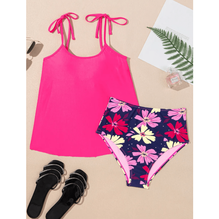 Gilly Tie Shoulder Floral Print Cute Tankini Set