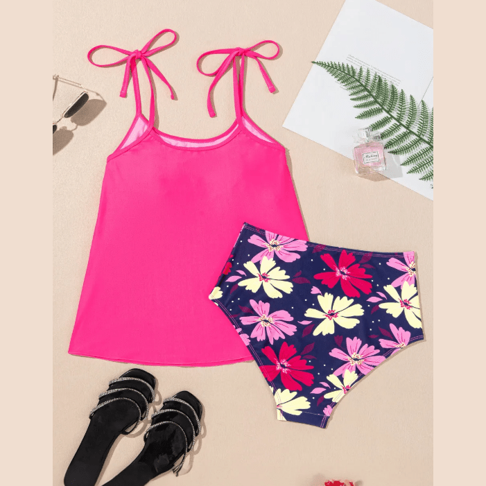 Gilly Tie Shoulder Floral Print Cute Tankini Set