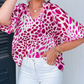 Birdie Leopard Print V Neck Puffy Half Sleeve Blouse