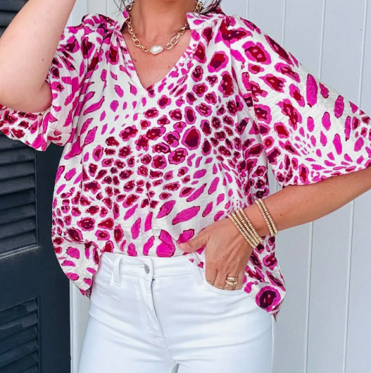 Birdie Leopard Print V Neck Puffy Half Sleeve Blouse