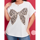 White Plus Size Leopard Bow Embroidered Patch Casual T Shirt