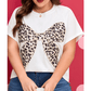White Plus Size Leopard Bow Embroidered Patch Casual T Shirt