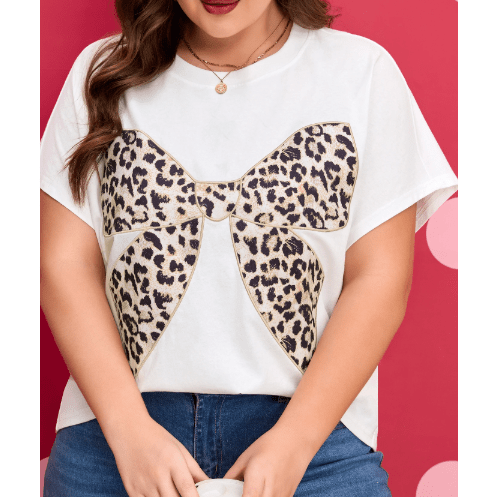 White Plus Size Leopard Bow Embroidered Patch Casual T Shirt