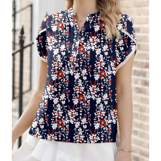 Julia Floral Print Half Button Lace Trim Petal Sleeve Blouse