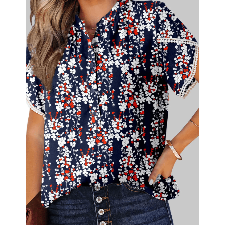 Julia Floral Print Half Button Lace Trim Petal Sleeve Blouse