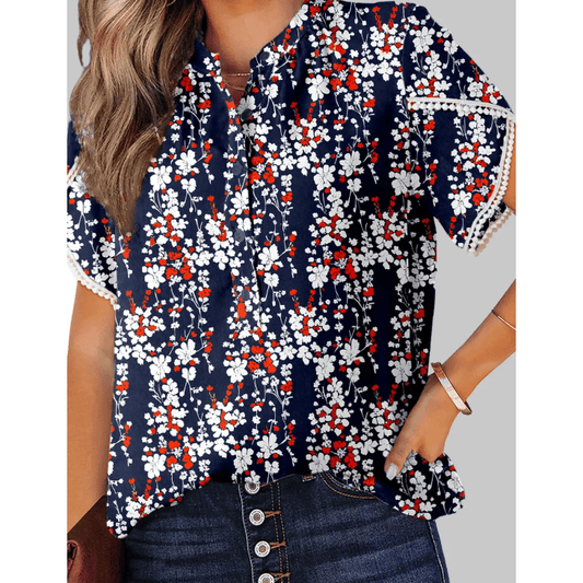 Julia Floral Print Half Button Lace Trim Petal Sleeve Blouse