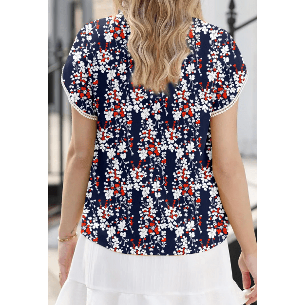 Julia Floral Print Half Button Lace Trim Petal Sleeve Blouse