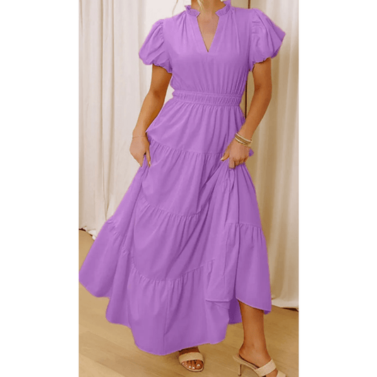Kaci Lilac V Neck Short Puff Sleeve High Waist Tiered Maxi Dress