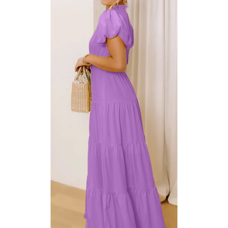 Kaci Lilac V Neck Short Puff Sleeve High Waist Tiered Maxi Dress