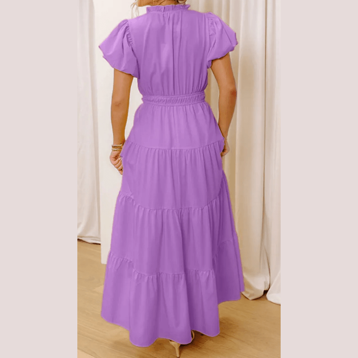 Kaci Lilac V Neck Short Puff Sleeve High Waist Tiered Maxi Dress