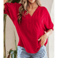 Lydia Red Braided Trim V Neck Half Sleeve Blouse