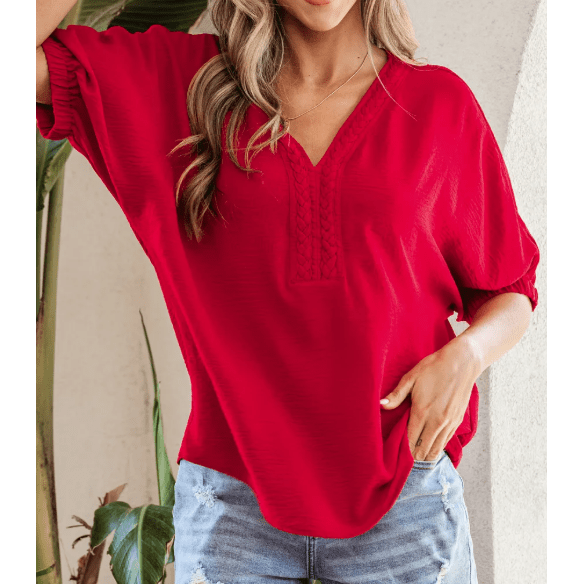 Lydia Red Braided Trim V Neck Half Sleeve Blouse