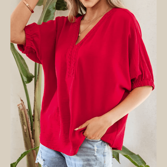 Lydia Red Braided Trim V Neck Half Sleeve Blouse