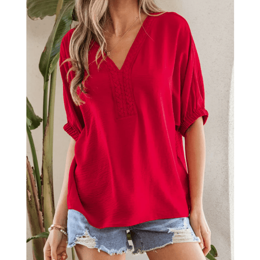 Lydia Red Braided Trim V Neck Half Sleeve Blouse