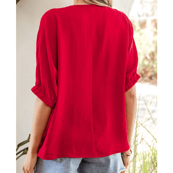 Lydia Red Braided Trim V Neck Half Sleeve Blouse