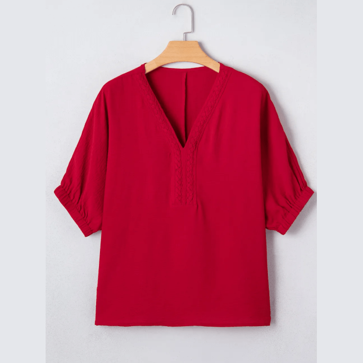 Lydia Red Braided Trim V Neck Half Sleeve Blouse