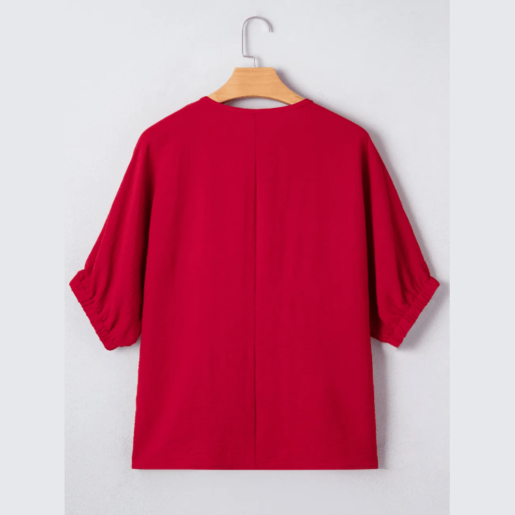 Lydia Red Braided Trim V Neck Half Sleeve Blouse