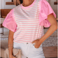 Rena Pink Stripe Ruffled Short Sleeve Patchwork Blouse