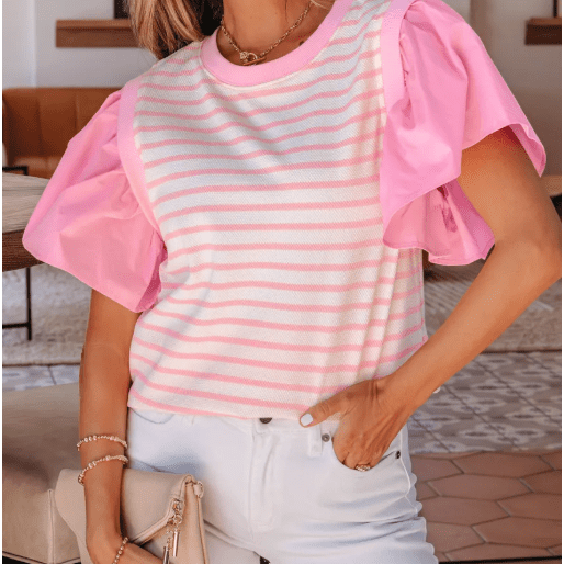 Rena Pink Stripe Ruffled Short Sleeve Patchwork Blouse