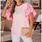 Rena Pink Stripe Ruffled Short Sleeve Patchwork Blouse
