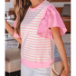 Rena Pink Stripe Ruffled Short Sleeve Patchwork Blouse