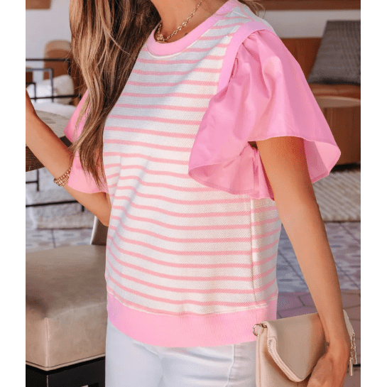 Rena Pink Stripe Ruffled Short Sleeve Patchwork Blouse