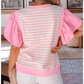 Rena Pink Stripe Ruffled Short Sleeve Patchwork Blouse