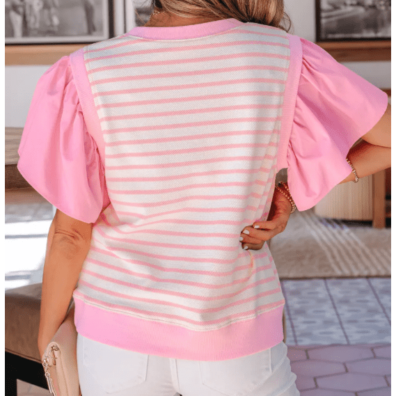 Rena Pink Stripe Ruffled Short Sleeve Patchwork Blouse