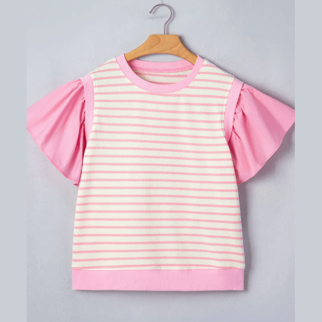 Rena Pink Stripe Ruffled Short Sleeve Patchwork Blouse