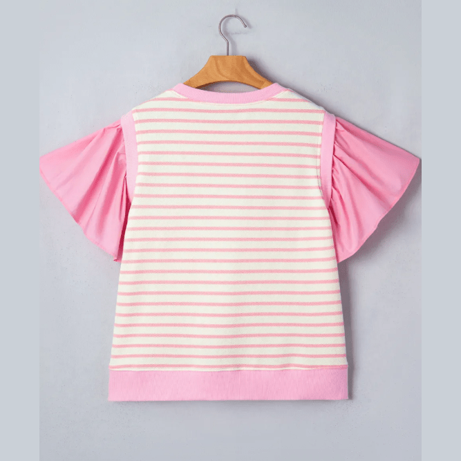 Rena Pink Stripe Ruffled Short Sleeve Patchwork Blouse